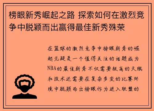 榜眼新秀崛起之路 探索如何在激烈竞争中脱颖而出赢得最佳新秀殊荣